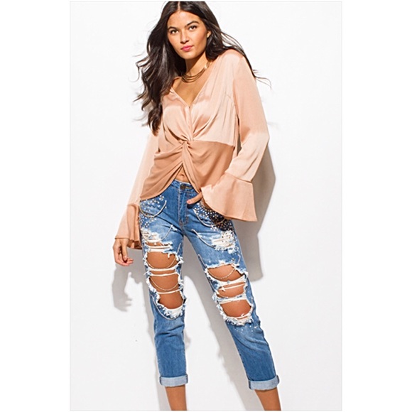 Silky Bell Sleeve Twist Front Blouse S - Picture 8 of 8